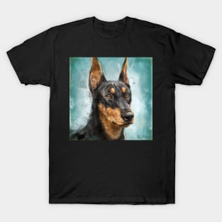 Contemporary Painting of a Black and Gold Doberman Pinscher on Blue Background T-Shirt